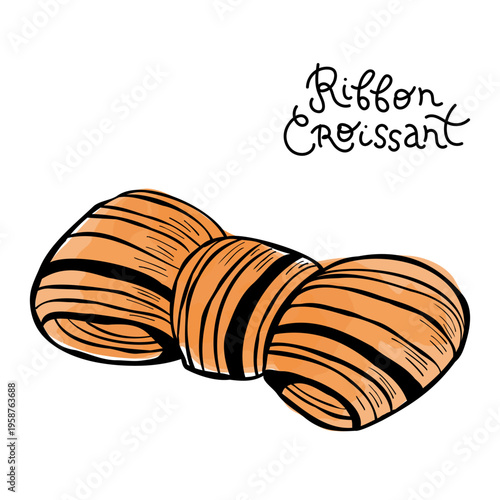 Hand-drawn clip art of trendy ribbon croissant isolated on white background. Puff pastry illustration for bakery logo, cafe menu, packaging design. Line vector drawing with watercolor stains.
