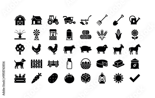 Collection of farm and agriculture icons representing rural life and farming activities