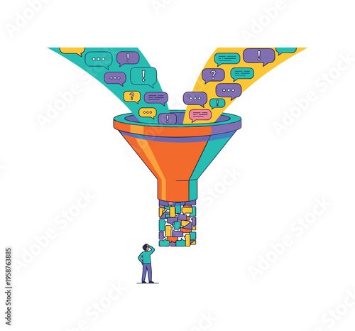 Data funnel processing streams of chat bubbles with a confused person below