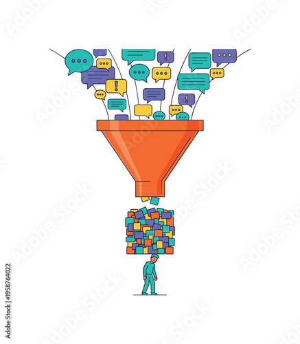 Information overload concept: funnel processing speech bubbles into data blocks