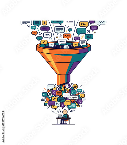 Overwhelmed person at computer receiving massive influx of speech bubbles through a funnel