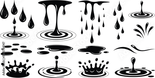 Water Drops Splashing Liquid Elements Featuring Dripping Ink Flow, Puddles, Tears and Rain Drips in Isolated Black Vector Silhouettes for Fluid Design, Abstract Effects and Splash Illustration