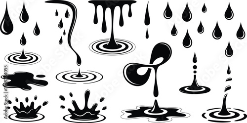 Water Drops Splashing Liquid Elements Featuring Dripping Ink Flow, Puddles, Tears and Rain Drips in Isolated Black Vector Silhouettes for Fluid Design, Abstract Effects and Splash Illustration