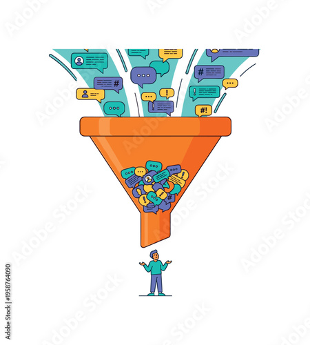 Conceptual illustration of information overload and data filtering through a funnel