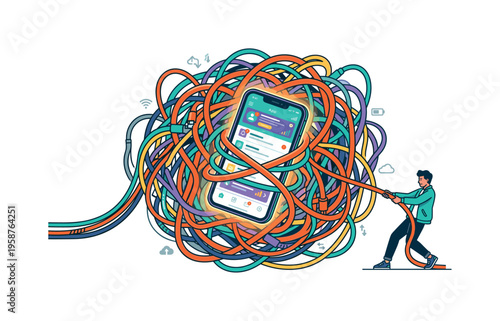 Man untangling a massive knot of colorful cables around a glowing smartphone