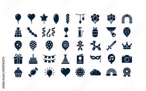 Collection of festive party and celebration icons including balloons, cakes, and gifts