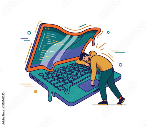 Exhausted programmer collapses onto melting laptop screen after long coding session
