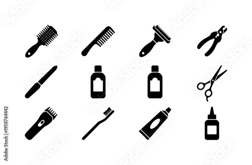 Collection of pet grooming tools and hygiene items for animals