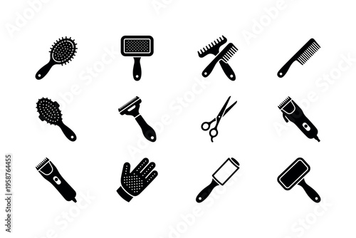 Collection of black and white icons representing pet grooming tools for easy care