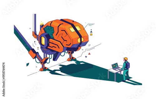 Massive robotic brain with circuits and a technician working on a laptop