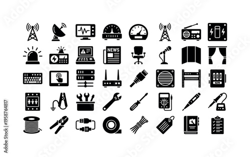 Collection of electronic and broadcast equipment icons for technical and media industries