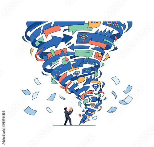 Abstract tornado of digital information swirling around a person holding a smartphone