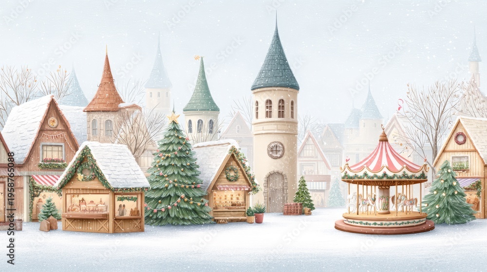 Fototapeta premium Charming Winter Christmas Market Scene with Wooden Chalets and Decorated Trees