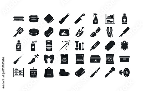 Collection of shoe care and maintenance tools and accessories icons