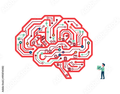 Abstract brain circuit board with tiny person holding a checkmark