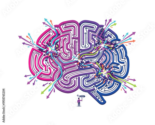 Abstract brain maze with colorful arrows symbolizing neural pathways and thought processes