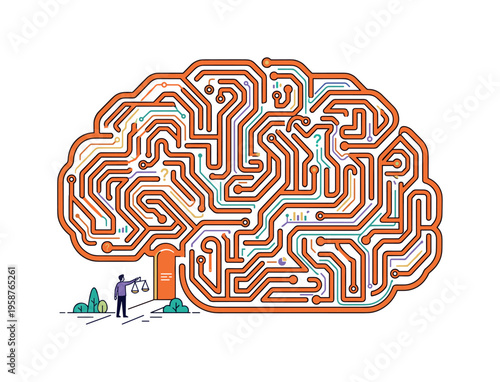 Abstract brain maze with circuit board pathways and a person holding scales of justice