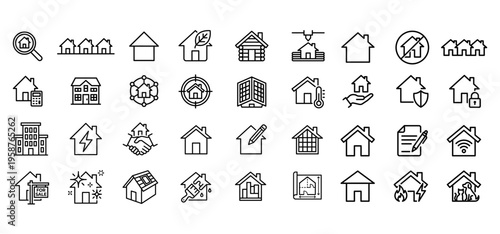 Real estate and housing icons: home, building, property and architecture symbols