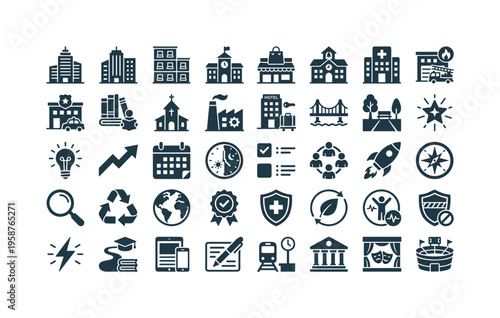 Collection of diverse building and business icons for modern design projects