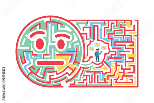 Navigating a maze shaped like an emoji face while dealing with online communication