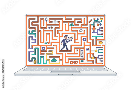 Businessman navigating a complex digital maze on a laptop screen, seeking solutions