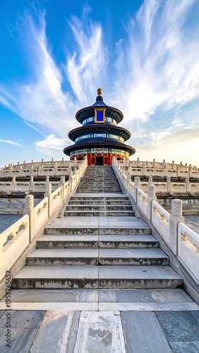 Temple with stairs leading to blue roof, architecture, China, sky, stone