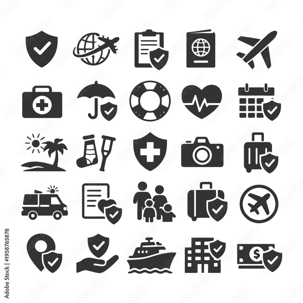 Obraz premium Travel and health icons: safety, adventure, and family trip symbols.