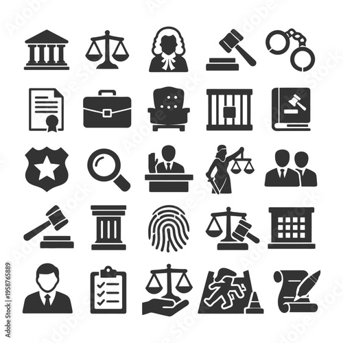 Legal icons set featuring justice scales, gavel, lawyer, handcuffs, and fingerprint.