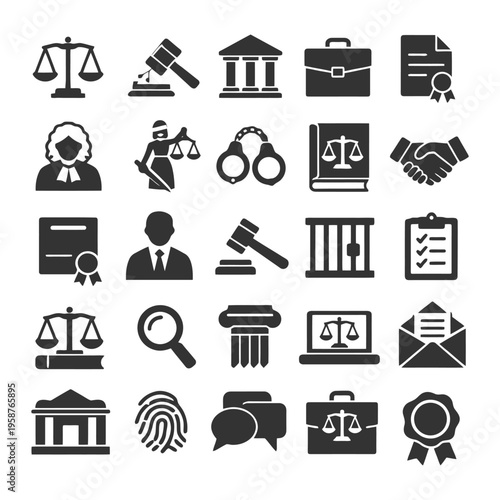 Legal and justice icons set featuring scales, gavel, courthouse, handcuffs, documents, and more.