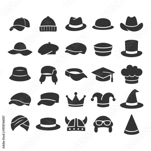 Collection of various hat icons in different styles and designs.