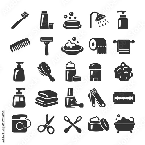 Bathroom essentials icons: toothbrush, shampoo, soap, razor, towel.