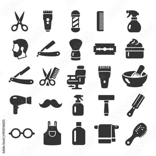 Barber shop tools collection including scissors, razors, combs, and styling accessories.