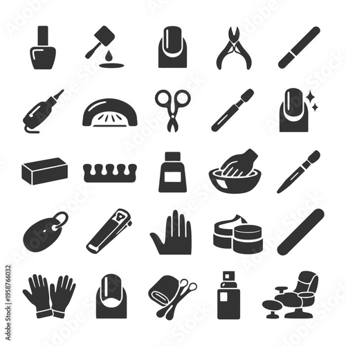 Nail care and manicure tools icons including polish, clippers, file, buffer, scissors, and uv lamp.