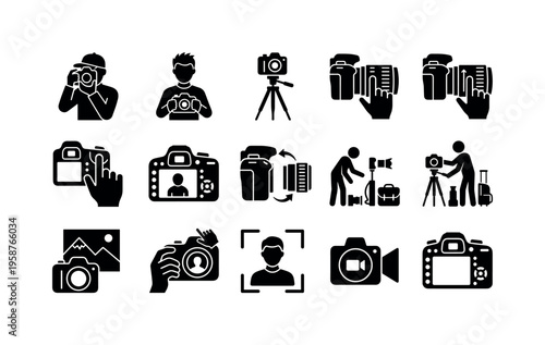 Collection of diverse photography icons representing cameras and actions