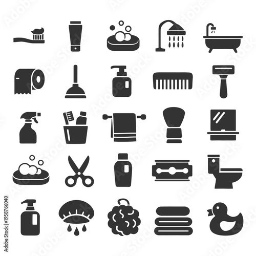 Bathroom essentials icons: toothbrush, shower, bathtub, towel, razor, toiletries set.