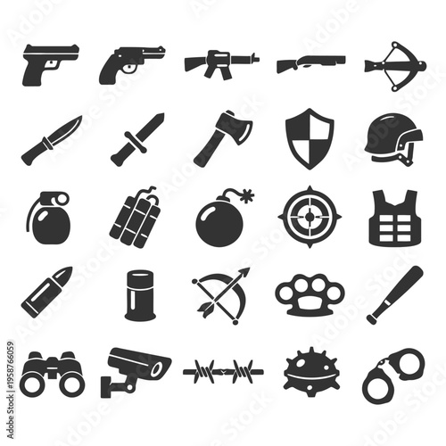 Military and weapon icons: guns, knives, helmets, shields, and more symbols.