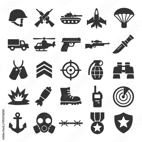 Military icons set: weapons, vehicles, and gear graphic collection.