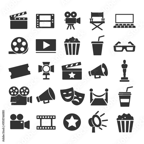 Cinema icons collection: film, camera, popcorn, clapperboard, megaphone.