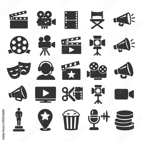 Cinema icons set: film, camera, megaphone, popcorn, director chair, microphone.