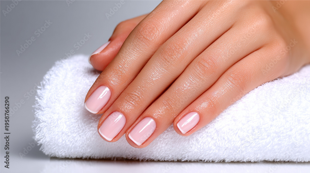 Naklejka premium Woman's hand with manicured nails resting on white towel 