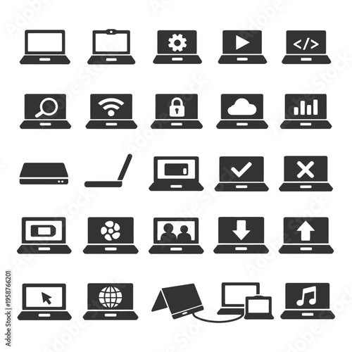 Laptop icons: technology, software, and multimedia symbols set.