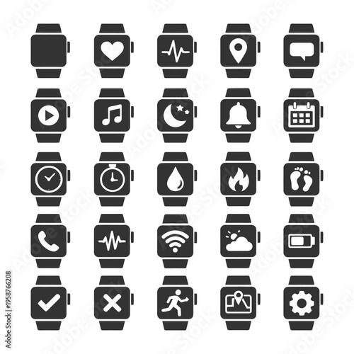 Smartwatch icons: heartbeat, music, gps, weather, fitness, notifications.