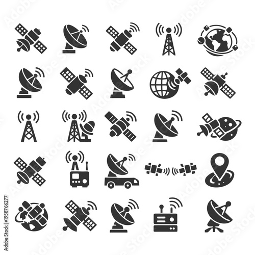 Satellite and communication icon set featuring antennas and earth.