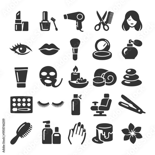 Beauty icons set: makeup, haircare, and skincare tools and accessories.