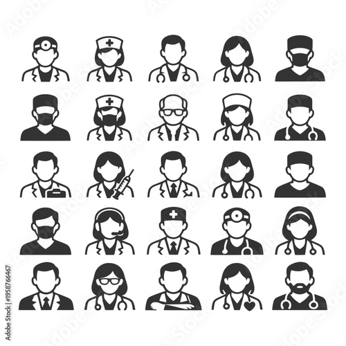 Diverse medical professional icons set in black and white.