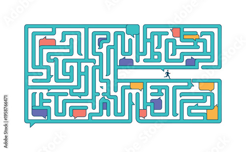 Man navigating a complex maze with colorful speech bubbles representing communication challenges