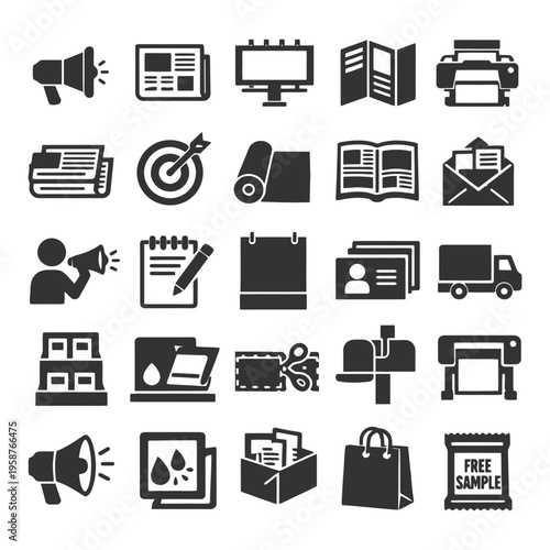 Icon set of printing and advertising tools: megaphone, printer, target, envelope, display.