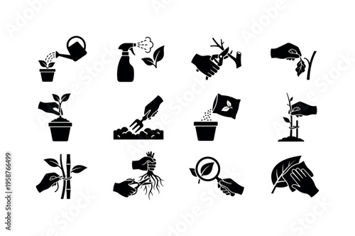 Gardening icons illustrating plant care, watering, pruning, and propagation techniques