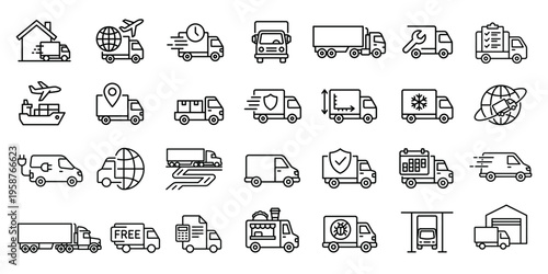 Logistics and delivery icons showcasing trucks, ships, airplanes, and vans for transport services, line art