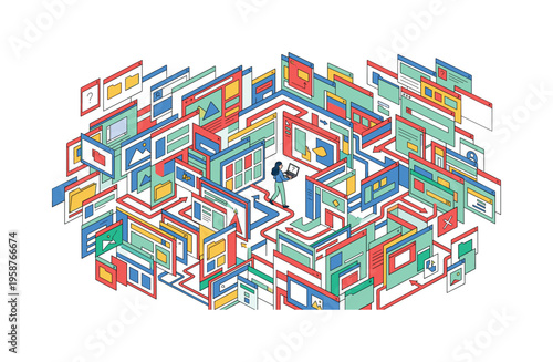 Woman navigating a complex digital maze of browser windows with a laptop